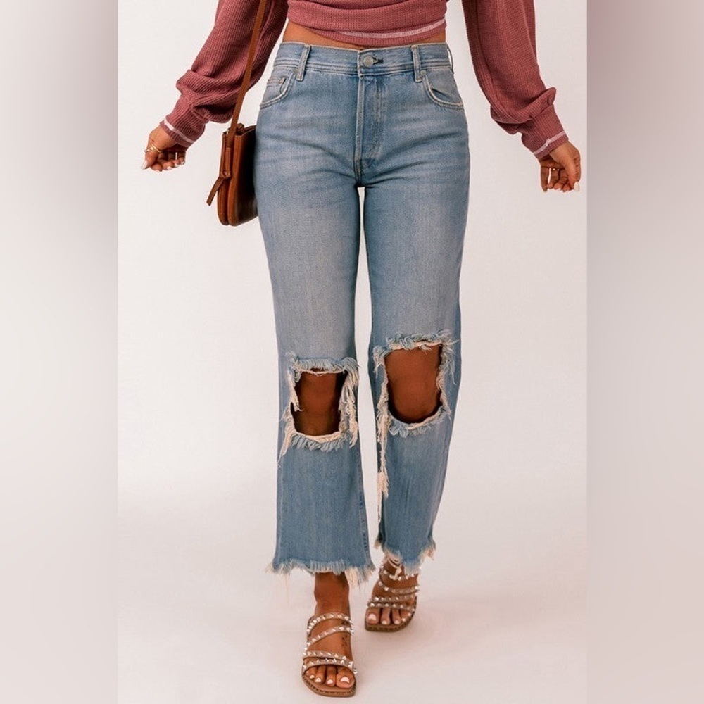 We The Free Denim Distressed Front Knee Ripped Blue Jeans SZ 24 #59